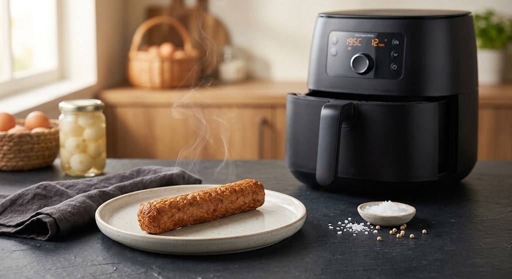 Crispy airfried frikandel next to an air fryer