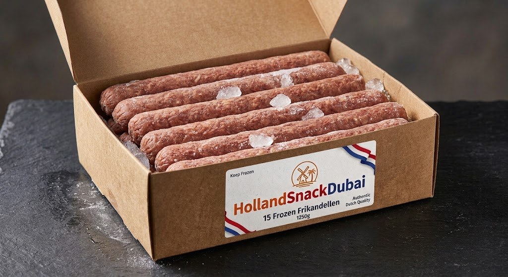 Box of frozen HollandSnackDubai frikandellen